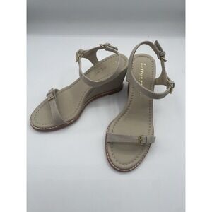 Bettye Muller Portofino Wedge‎ Canvas Leather Sandals Buckle Closure Elegant 6